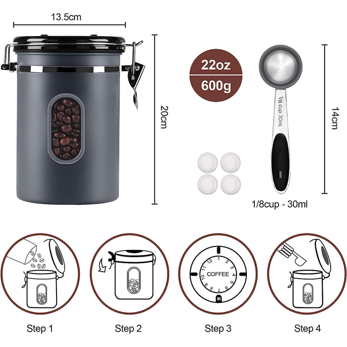 Контейнер для кави ROCKY&CHAO 2.8L з нержавіючої сталі, герметичний, з віконцем, для кавових зерен, чаю, горіхів, какао. Збереження свіжості