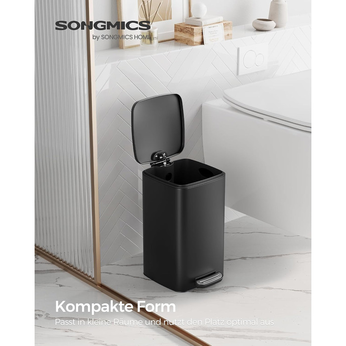 Косметичний відро для сміття SONGMICS 8 л, педальний, сталевий, з кришкою Softclose, для ванної кімнати, чорний