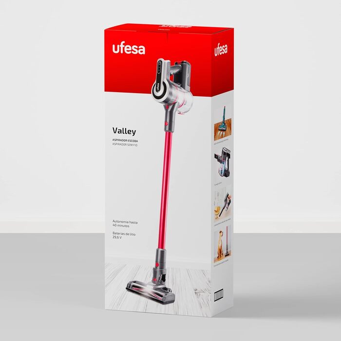 Бездротовий пилосос Ufesa AE4829 Valley, 40 хв, 29.6В Li-ion, 2 швидкості, моторизована щітка, циклонна система, LED, червоний/чорний
