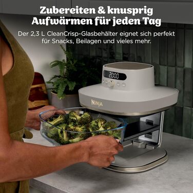 Скляна аерофритюрниця Ninja CRISPi PRO XL Air Fryer з 5 функціями, контейнерами CleanCrisp (5,7 л та 2,3 л) та кришкою для зберігання, AS090EUGN (Stone Gold)