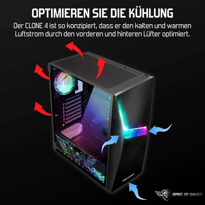 Корпус для ПК Spirit of Gamer Clone 4 RGB, прозора стінка із загартованого скла, для ігрового комп'ютера, середній Tower, сумісний з ATX/MATX/ITX, 2 адресовані вентилятори 120 мм у комплекті
