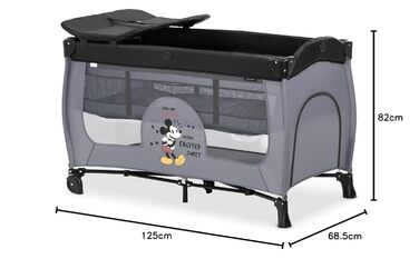 Дитяче дорожнє ліжечко Hauck Sleep N Play Center Disney Mickey Mouse Grey з люлькою для новонароджених, пеленальним столиком, сумкою для транспортування, колесами, боковим входом, компактно складається, для дітей від народження до 15 кг