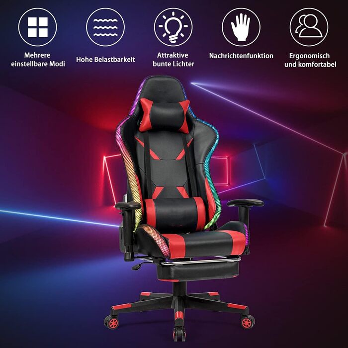 Ігрове крісло RELAX4LIFE 360° з LED-підсвіткою, регульованими підлокітниками, спинкою та підніжкою, офісний комп'ютерний стілець з лордозною та головною підтримкою, дистанційне керування, червоний