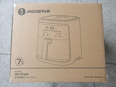Аерофритюрниця Aigostar White Cube 7 л, 1900 Вт, 5-в-1, без олії, LED-дисплей, 7 програм, антипригарний кошик, збереження тепла, BPA-free