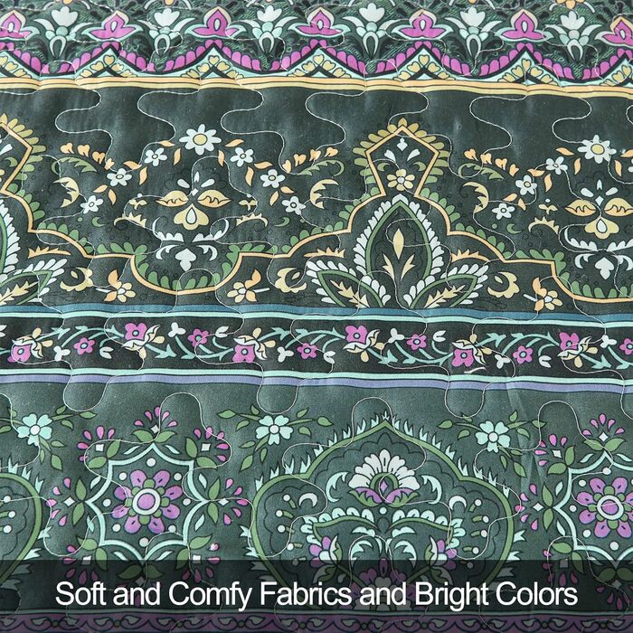 Покривало WONGS BEDDING 200x220 см, стьобане, 3 предмети, мікрофібра, зелений, з 2 наволочками 50x75, для двоспального ліжка та дивана, Boho стиль