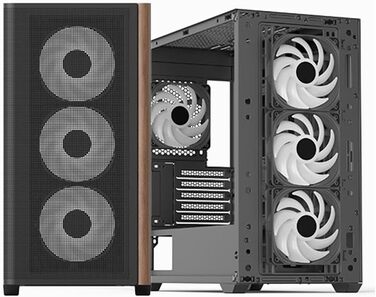 Корпус для ПК AeroCool D301A, ігровий Mid-Tower, оптимізований повітряний потік, дерев'яна Mesh-панель, 4 RGB-вентилятори, USB Type-C, сумісний з ASUS/MSI M-ATX, чорний