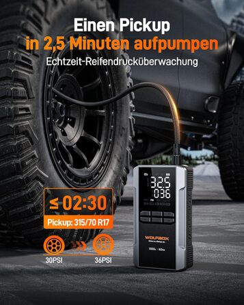 WOLFBOX 4000A: Пускозарядний пристрій з компресором 160PSI, 12V, 65W, 88.8Wh для бензин/дизель, LED-ліхтар, кабелі