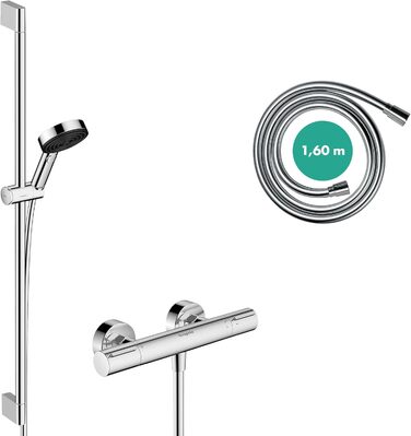 Змішувач для ванної Hansgrohe Ecostat Element накладний з термостатом (SafetyStop 40°C), для 2 споживачів, комплект з водозберігаючим душем та штангою 90 см (хром)