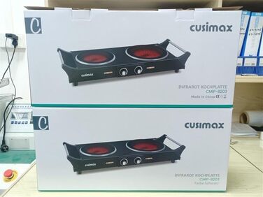 Електрична інфрачервона подвійна плита CUSIMAX 900Вт+1200Вт з терморегулятором, склокераміка, ручки для перенесення, 15см+18см, підходить для всіх типів посуду, чорна, 54x20x10см
