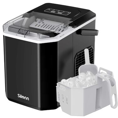 Льодогенератор Silonn, портативний, з ручкою, самоочищення, 9 кубиків за 6 хвилин, 12 кг/день, для дому, кухні, кемпінгу, авто, чорний