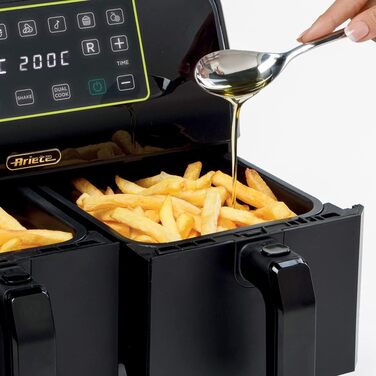 Аерофритюрниця Ariete 4623 Airy Fryer Dual, подвійна чаша, 1700 Вт, 8 л, 3 режими, сенсорне LED-управління, 8 програм, таймер, чорна