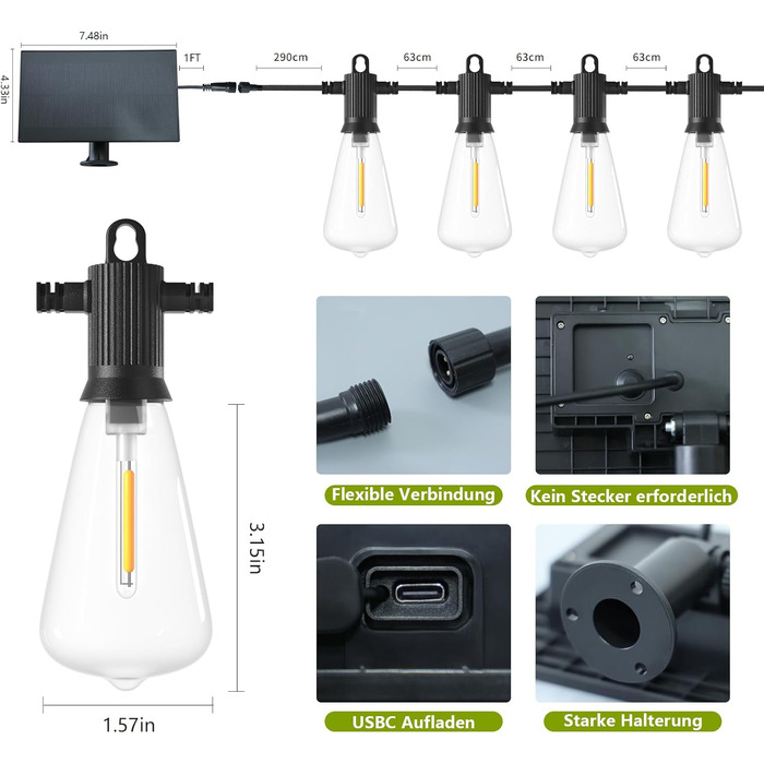 LED гірлянда ZOTOYI для вулиці, 22 лампи ST38, тепле біле світло, солярна, 15м, IP65, для саду, тераси, весілля, вечірок
