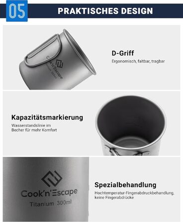 Титанова чашка для кемпінгу COOK'N'ESCAPE Titan Becher 300 мл з кришкою та складною ручкою - легка, міцна, жаростійка для туризму, пікніка