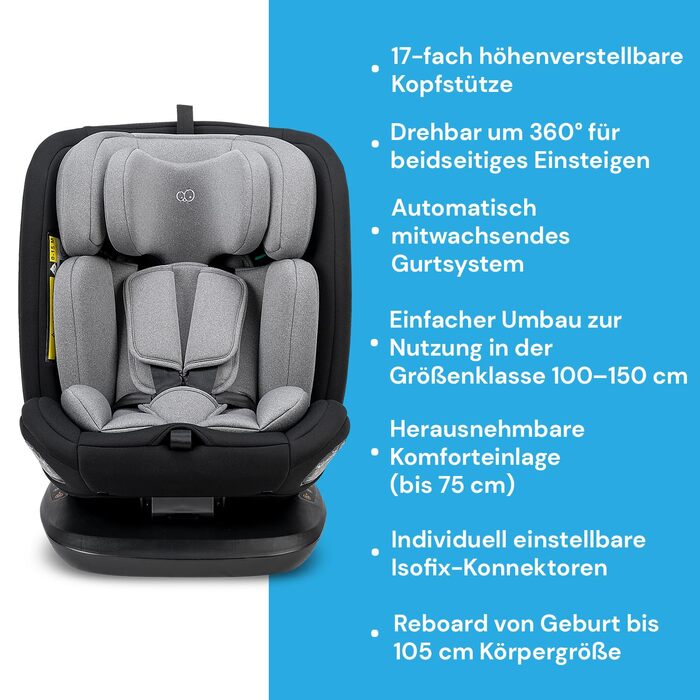 Дитяче автокрісло Booboo Safety Lissabon i-Size, обертове, 40-150 см, Reboarder з Isofix, чорний-сірий