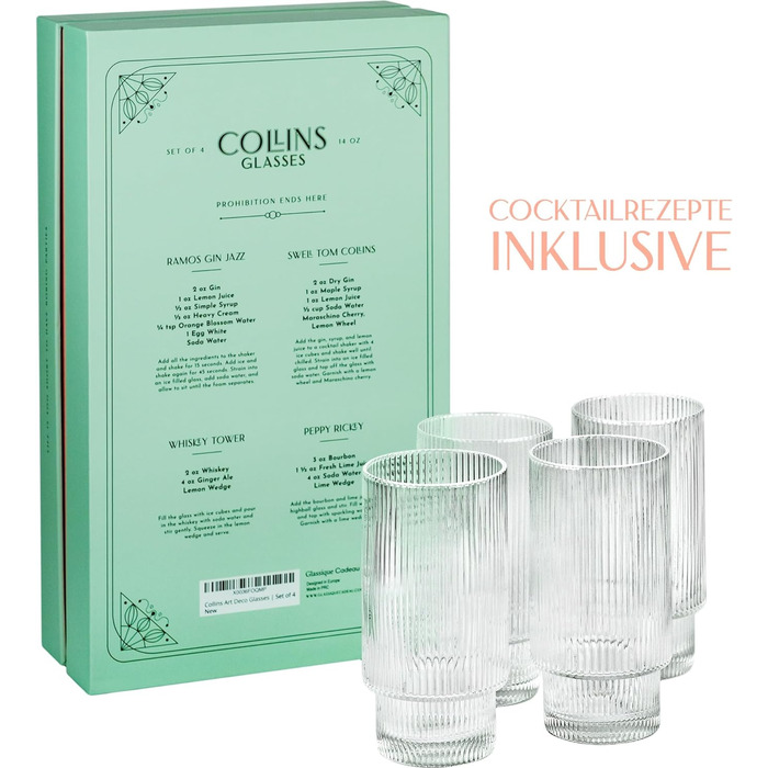 Набір склянок для коктейлів GLASSIQUE CADEAU Art Deco 400 мл, 4 шт. – вінтажні рифлені високі склянки для джин-тоніку, лонгдринків, мохіто