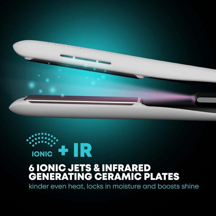 Керамічний випрямляч для волосся Revamp Progloss Ion Shine з іонною технологією, інфрачервоним нагрівом, збагачений кератином, аргановою та кокосовою олією, регулювання температури, білий