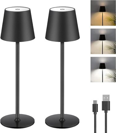 Диммерна LED лампа на акумуляторі 2 шт., сенсорне керування, USB-C, металева, перезаряджається, для вулиці та дому, IP44, 5600mAh, 5W, чорна
