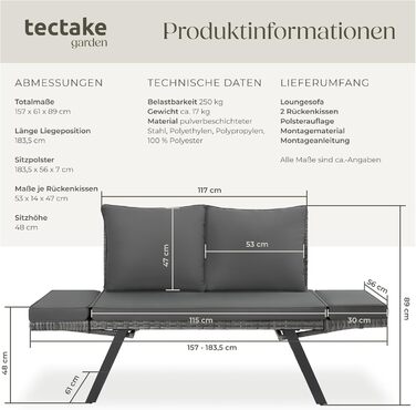 Садовий диван-шезлонг Tectake з ротангу, сірий - вуличні меблі для відпочинку з функцією сну та відкидними підлокітниками