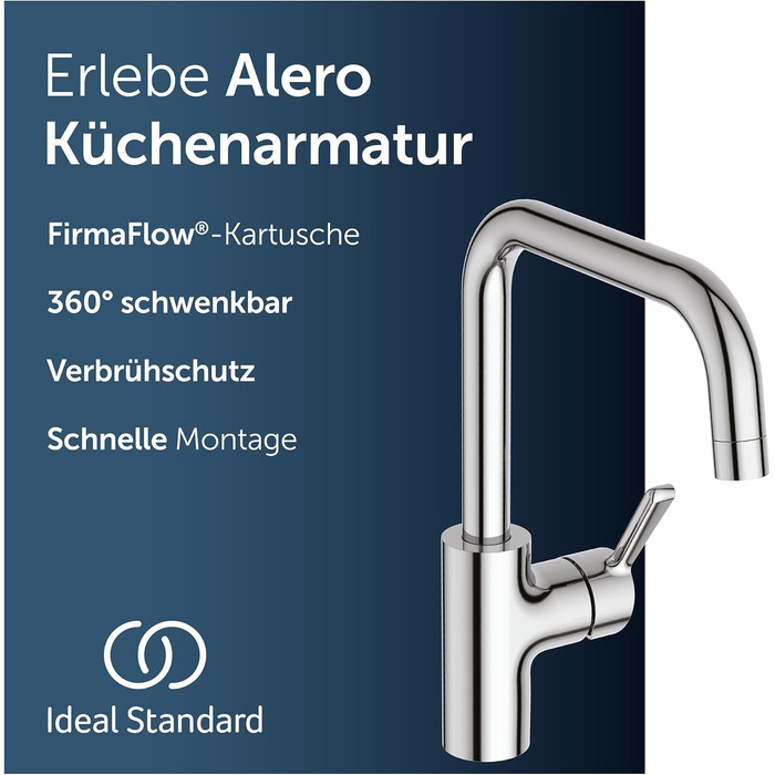 Змішувач кухонний Ideal Standard Alero з висувним душем, поворотний вилив 360°, економія води 12 л/хв, хром (U-подібний вилив)