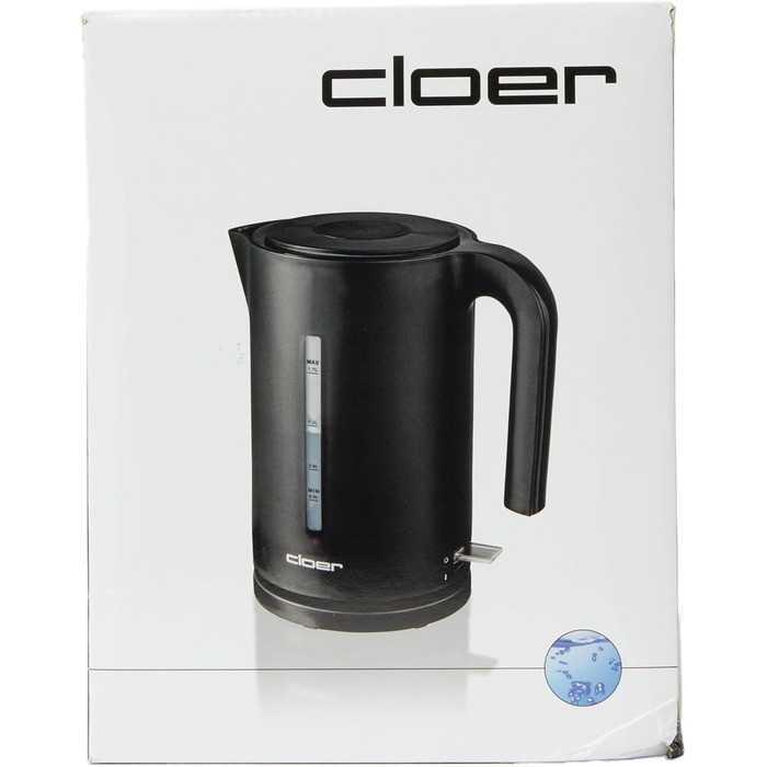 Електрочайник Cloer 4110, 2200 Вт, 1.7 л, чорний, з великим індикатором рівня води, фільтром від накипу, захистом від перегріву та увімкнення без води