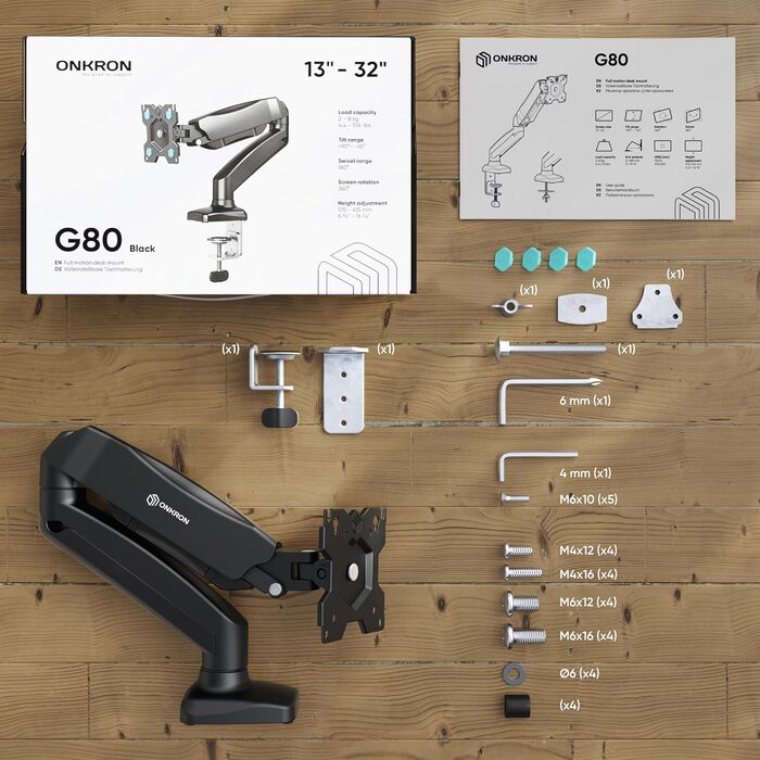 Кріплення для монітора ONKRON G80-B/G80T-B: регульована підставка для монітора 13-32", до 8 кг, VESA 75x75/100x100