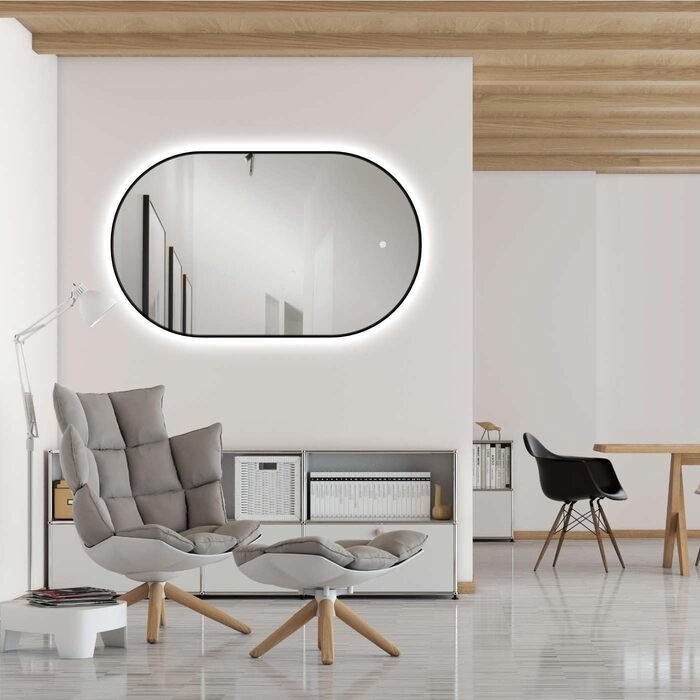 Дзеркало для ванної кімнати LED HOKO Design Turin овальне 45x75 см, чорний матовий каркас, сенсорне керування, зміна кольору світла (тепле/холодне/нейтральне)