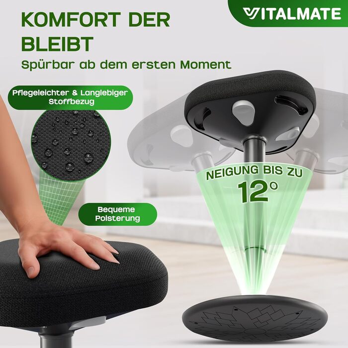 Офісний стілець VITALMATE з регулюванням висоти та неслизьким покриттям - стілець-покрутка для офісу та дому - регульований стійкий стілець для роботи - стійка для стоячи - чорний офісний стілець
