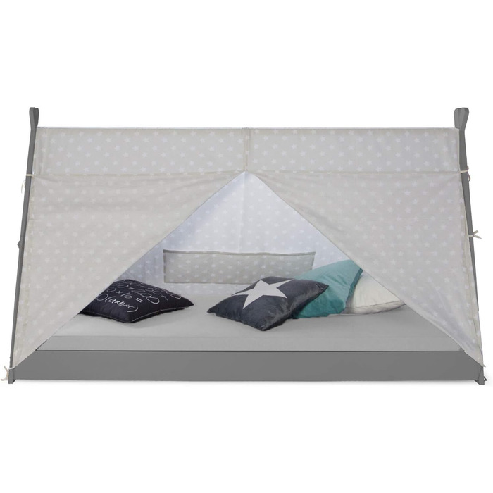 Дитяче ліжко Homestyle4u 90x200 см, тіпі, сіре-біле, зірки, дерев'яна сосна