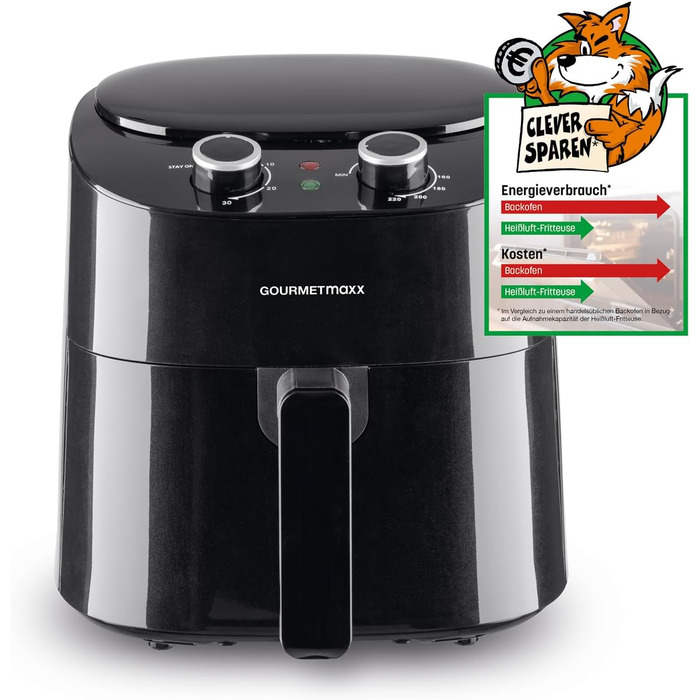 Аерофритюрниця GOURMETmaxx 4,5 л, 1400 Вт, 8 програм, LCD-дисплей, таймер, сталева, чорна – електрична фритюрниця для здорового приготування без олії