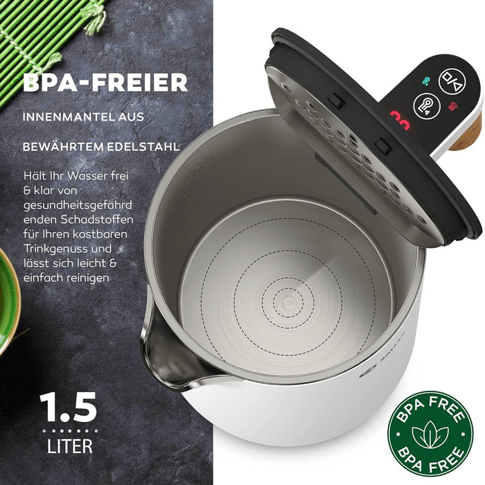 Електричний чайник BALTER з регулюванням температури, 1.5L, 2200W, нержавіюча сталь, без BPA, подвійні стінки, сірий