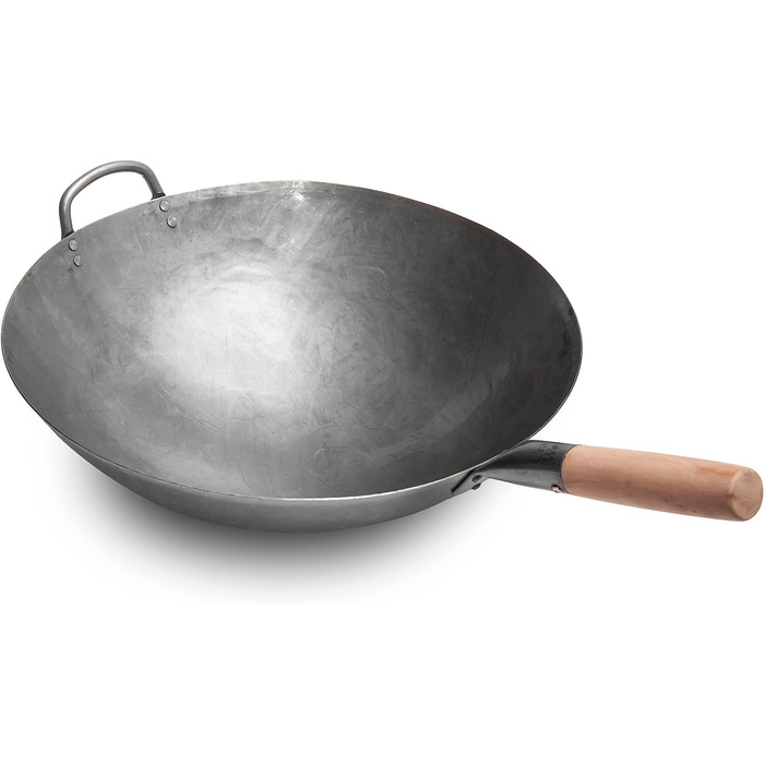 Велика важка ручна сковорода-вок із вуглецевої сталі Craft Wok 40 см з дерев'яною та сталевою ручкою, кругле дно