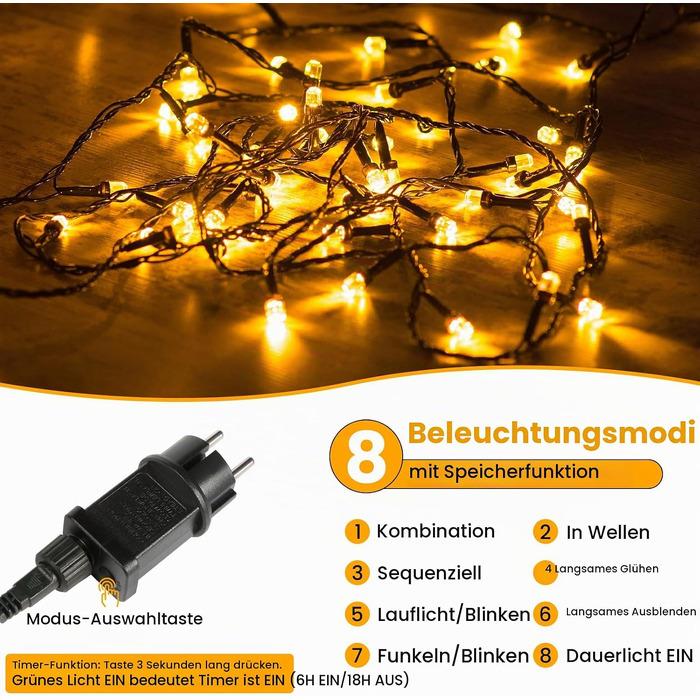 Світлодіодна гірлянда для вулиці та дому 33м, 300 LED, теплий білий колір, 8 режимів роботи, таймер, IP65 водонепроникна, розширювана новорічна ілюмінація для саду та свят