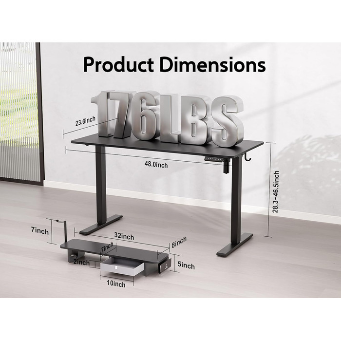 Електричний стіл WALKINGDESK із шухлядою та підставкою для монітора, регульований стіл для домашнього офісу 121,9x61 см, ергономічний стіл-трансформер з тримачем для телефону та 3 гачками