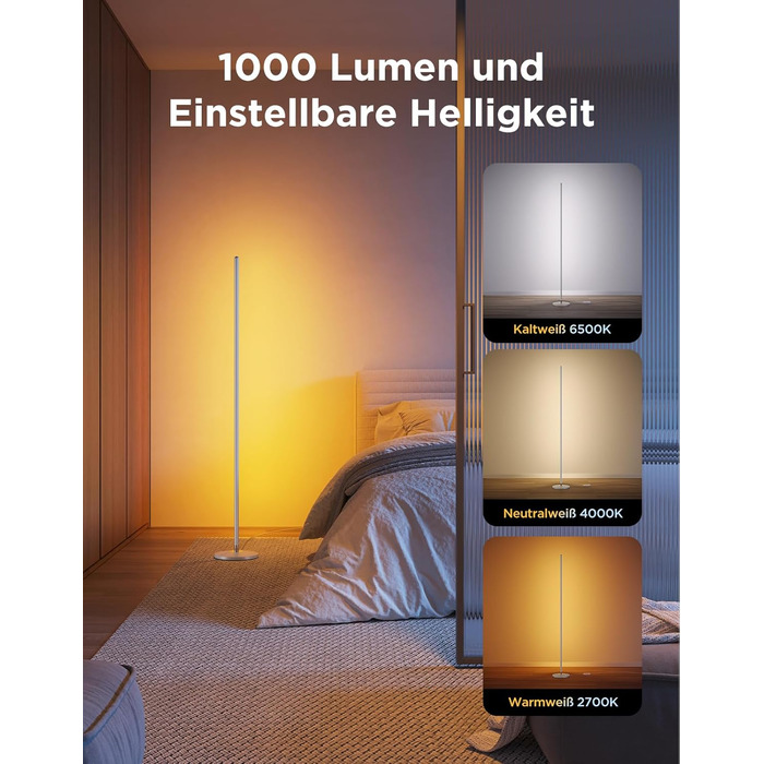 Govee RGBIC LED Торшер WiFi, Диммування, Alexa & Matter, 16 млн кольорів, 85 режимів, Музичний режим, DIY, для вітальні, спальні, геймінгу (Срібний, 1 шт)
