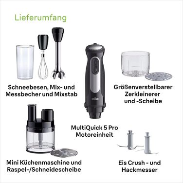 Блендер занурювальний Braun MultiQuick 5 MQ 50236 (білий, 1000 Вт) – з насадками, 21 швидкість, Turbo, нержавіюча сталь, EasyClick, SplashControl