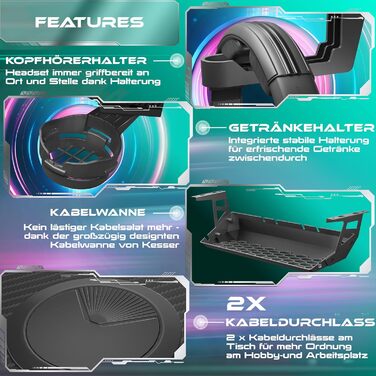 Ігровий стіл KESSER 100x60 см, Z-подібний, карбон, гачок для навушників, підсклянник, ергономічний комп'ютерний стіл, чорний