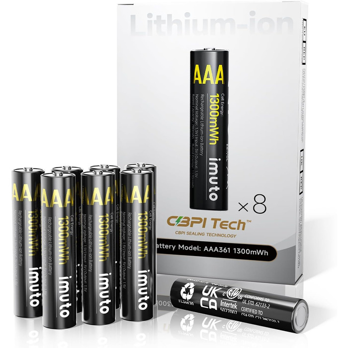 Набір літієвих акумуляторів imuto AAA 1.5V 1300mWh (8 шт.) з зарядним пристроєм, 2500 циклів перезарядки