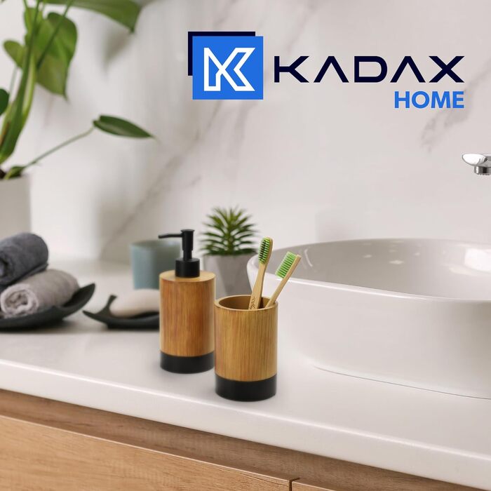 KADAX Набір для ванної 2 предмети: дозатор для мила і стакан для зубних щіток, імітація дерева, аксесуари для ванної кімнати, гігієнічний набір для дому, колір чорний з деревом