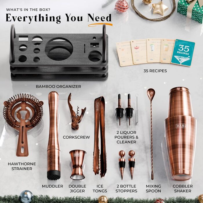 Набір бармена Bare Barrel Pro Mixology: 14 предметів, Boston Shaker (28oz), стійка, 35 рецептів, подарунковий набір