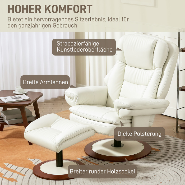 HOMCOM Крісло для телевізора з табуреткою, Крісло для телевізора з функцією відкидання, Поворотне крісло під телевізор з дерев'яною основою, Крісло з відкидною спинкою до 150 кг з навантаженням для вітальні, Штучна шкіра, Кремово-білий