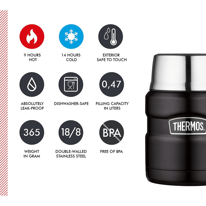 Термос для їжі Thermos STAINLESS KING 470 мл, чорний матовий, з ложкою, нержавіюча сталь, зберігає тепло 6 годин/холод 24 години, герметичний, для супу, мюслі, підходить для посудомийної машини