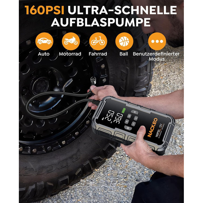 Пусковий пристрій (бустер) 8000A для авто з компресором 160 PSI, Powerbank 12V для бензинових та дизельних двигунів до 12л, з LED-ліхтарем 600LM та LCD-дисплеєм