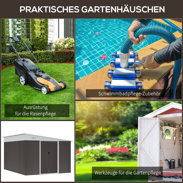 Outsunny Garden Shed 8.9 ㎡ Сталевий садовий сарай з моноскатним дахом і розсувними дверима, вентиляційні отвори, 280x345x201см, сірий