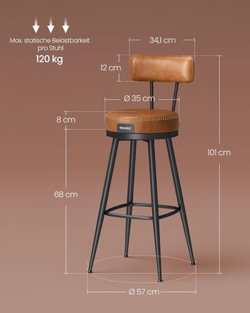 VASAGLE EKHO Колекція – Барний стілець 360° з обертанням, комплект 2 шт., зі спинкою, для барної стійки, екошкіра з декоративними швами, стиль модерн середини століття, висота 76 см, для кухні та домашнього бару, карамельний