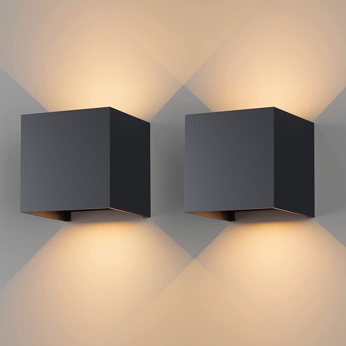 Klighten LED бра 12 Вт, настінні світильники для внутрішніх і зовнішніх робіт, регульований світловий потік вгору-вниз, тепле біле світло 3000K, IP65, антрацит RAL 7016, комплект 2 шт, для вітальні, спальні, балкона