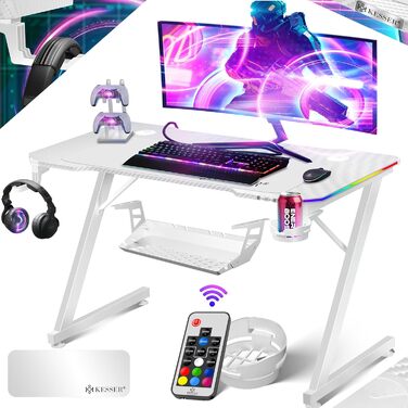 Ігровий стіл KESSER® LED 100x60 см | Z-подібний стіл для геймерів | Тримач для навушників & вуглецеве покриття | Ергономічний стіл для ПК | Стабільний стіл з підстаканником, білий/карбон з LED підсвіткою