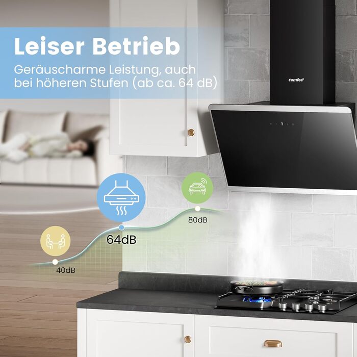Витяжка для кухні COMFEE' CH60J64ET4A2B 60 см, Edelstahl/Glass, 380 м³/год, сенсорне керування, LED-підсвітка, режим рециркуляції та відведення, чорна