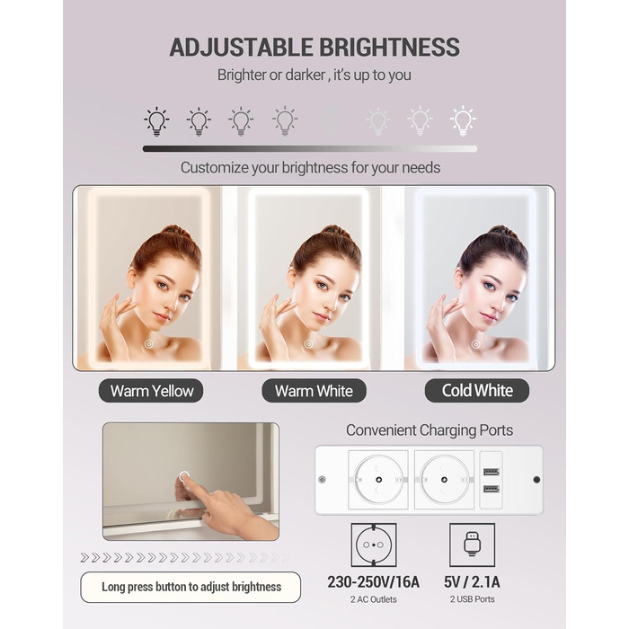 Туалетний столик Hzuaneri з LED-підсвіткою, 2 розетками AC і 2 USB, 2 шухлядами та 4 відкритими полицями, сучасний дизайн, білий, для спальні, вітальні, ванної