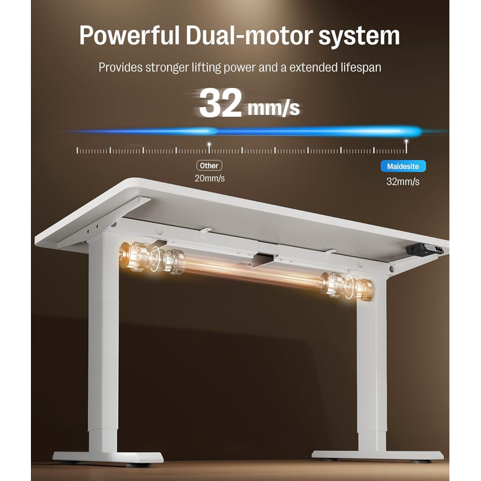 Електричний регульований стіл MAIDeSITe S2 Pro 140x70 см, білий каркас + стільниця - стоячий стіл з електроприводом, вантажопідйомність 160 кг, захист від зіткнень