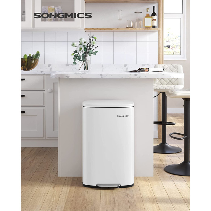 Смітник для кухні SONGMICS 50 л з педаллю, кришкою Softclose, білий, сталевий корпус, внутрішнє відро